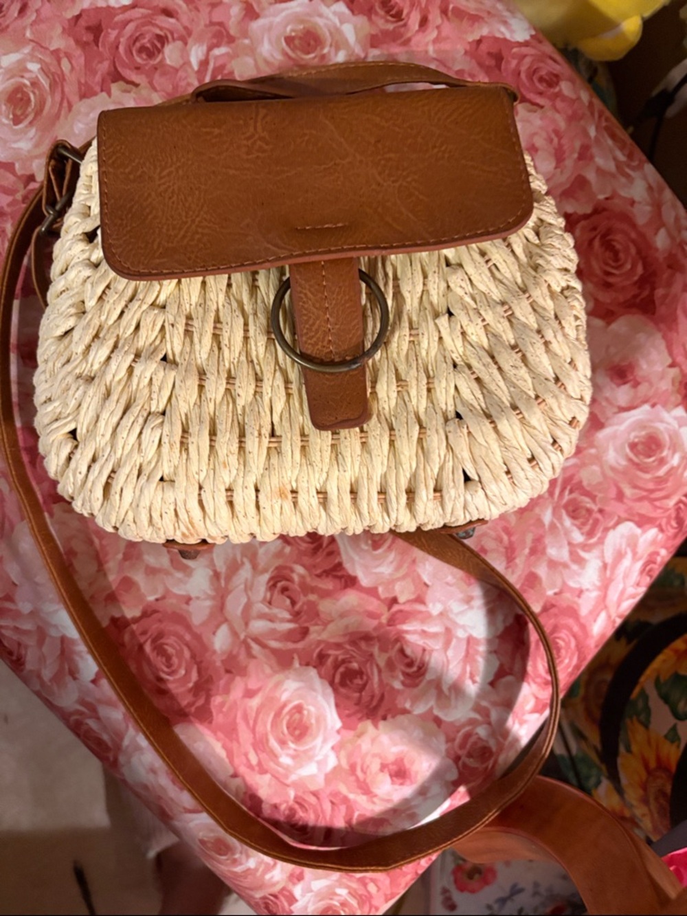 Woven Straw Crossbody Bag with Brown Trim